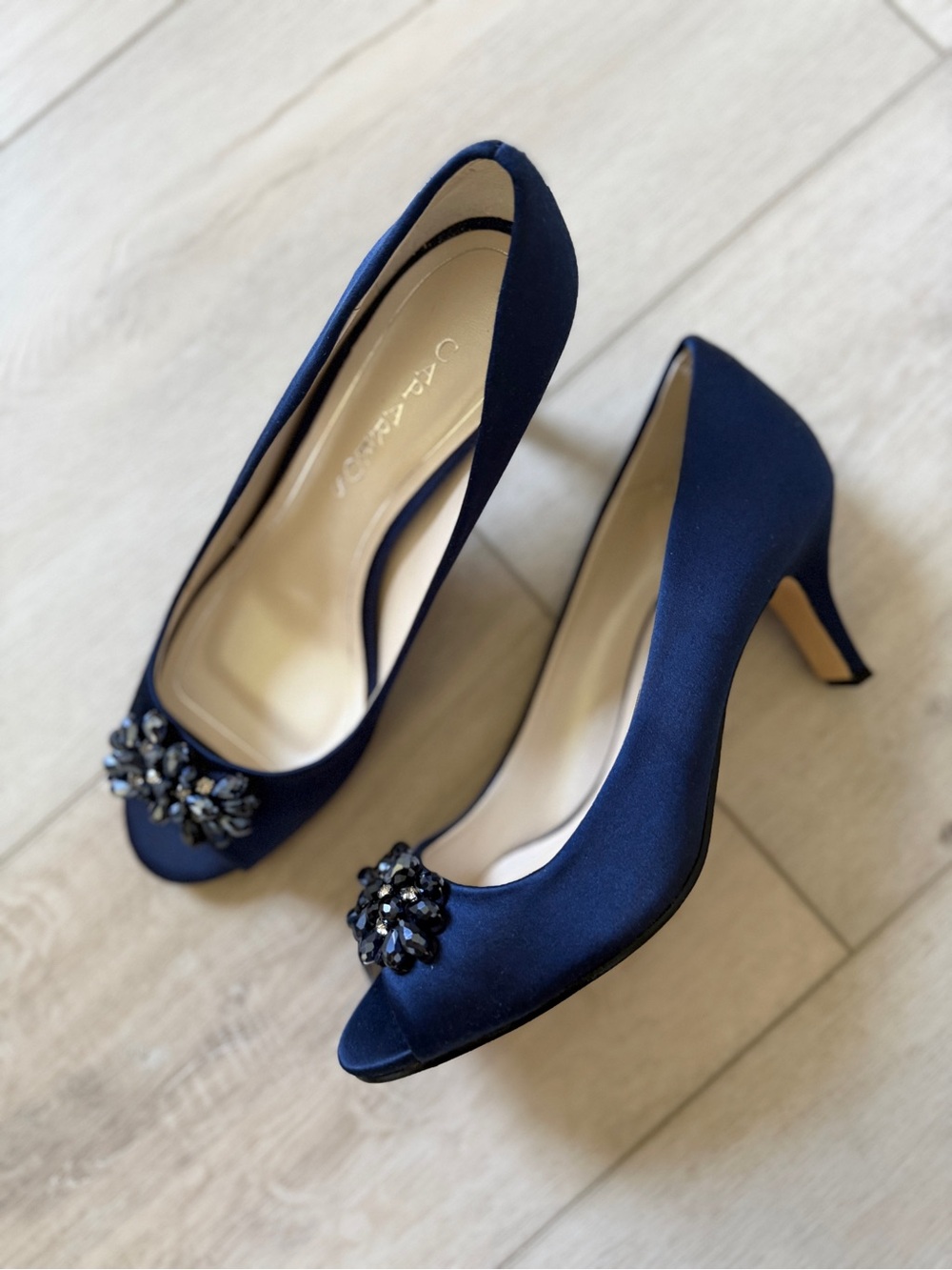Caparros Navy Satin Peep-Toe Heels with Jewel Cluster